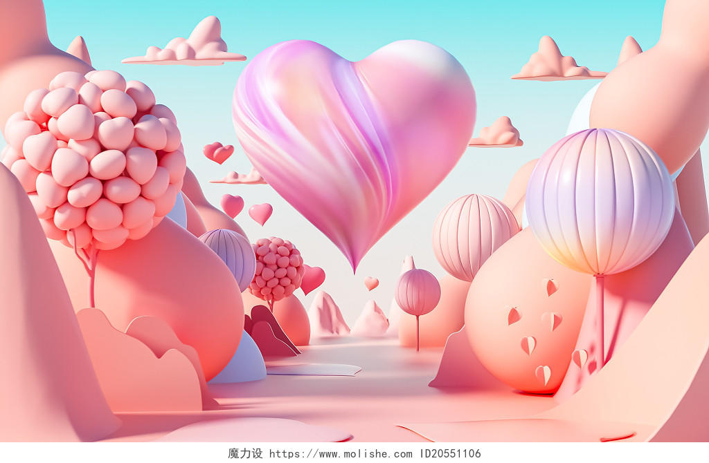 粉色卡通C4D柔和色彩3D情人节爱心背景